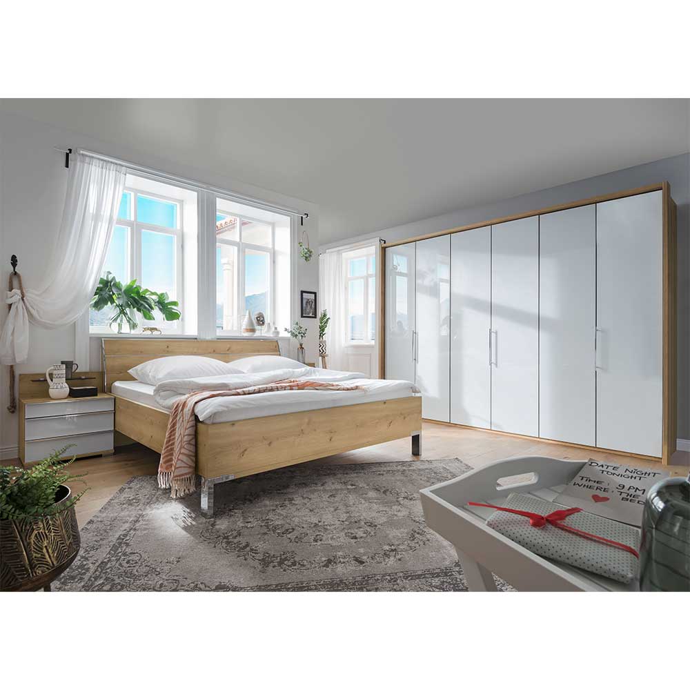 Franco Möbel Schlafzimmerkomplettset in Weiß und Eiche Bianco glasbeschichtet (vierteilig)