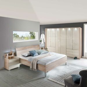 Franco Möbel Schlafzimmer Komplett in Cremeweiß und Eiche Sägerau glasbeschichtet (vierteilig)