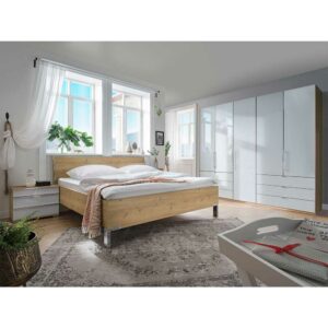 Franco Möbel Komplettschlafzimmer in Eiche Bianco und Weiß mit Glas beschichtet (vierteilig)