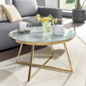 Möbel4Life Wohnzimmertisch mit Glasplatte Weiß Marmor Optik und Gold
