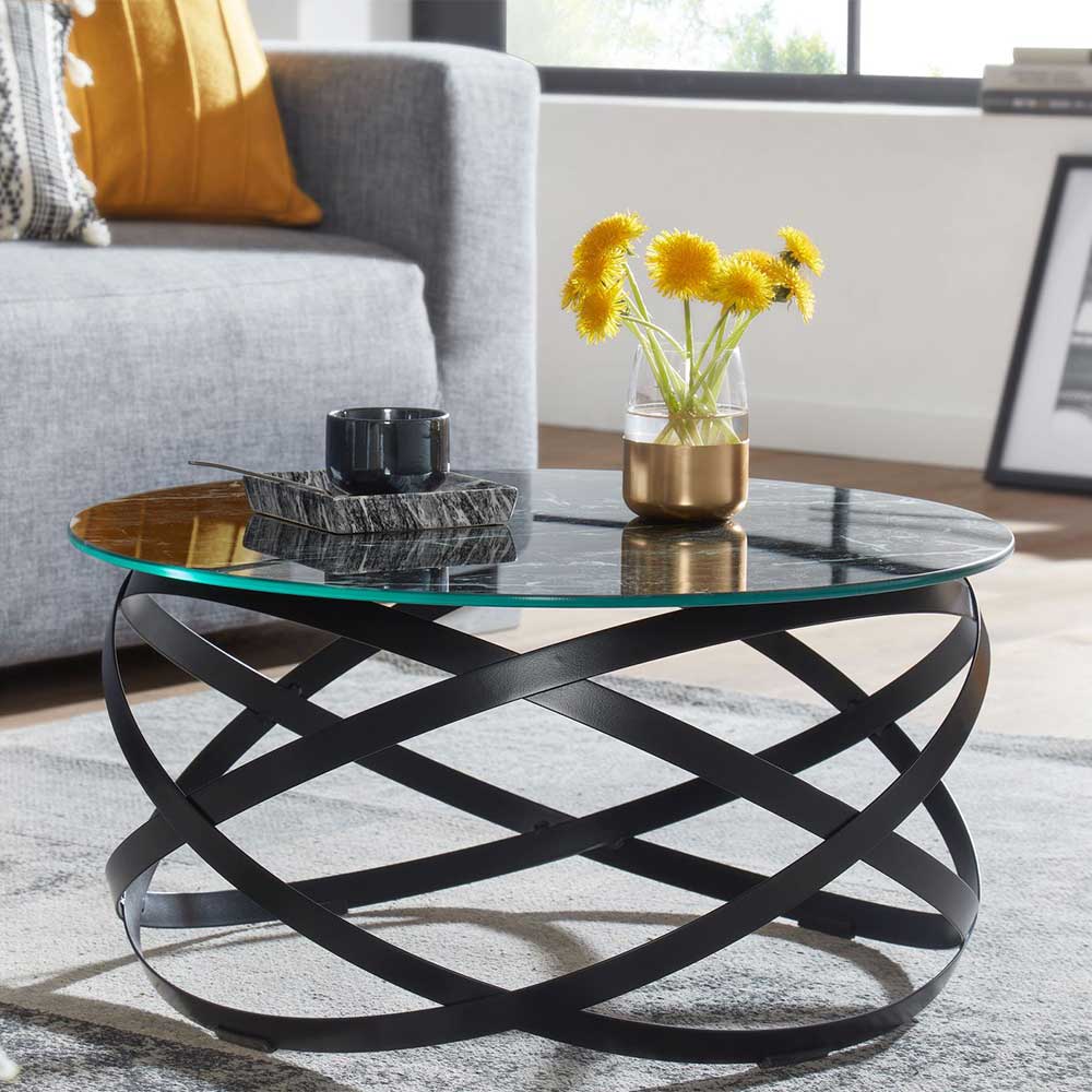 Möbel4Life Sofa Tisch rund mit Ringgestell aus Metall Glasplatte