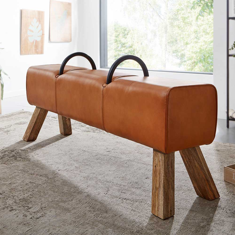 Möbel4Life Turnbock Bank aus Echtleder und Massivholz Retro Stil