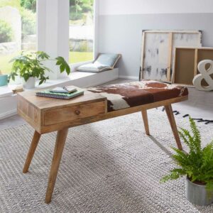 Möbel4Life Design Dielenbank aus Mangobaum Massivholz Kuhfellbezug