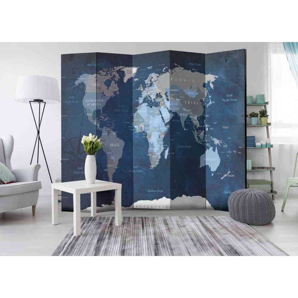 4Home Spanische Wand mit beschrifteter Weltkarte Blau und Grau