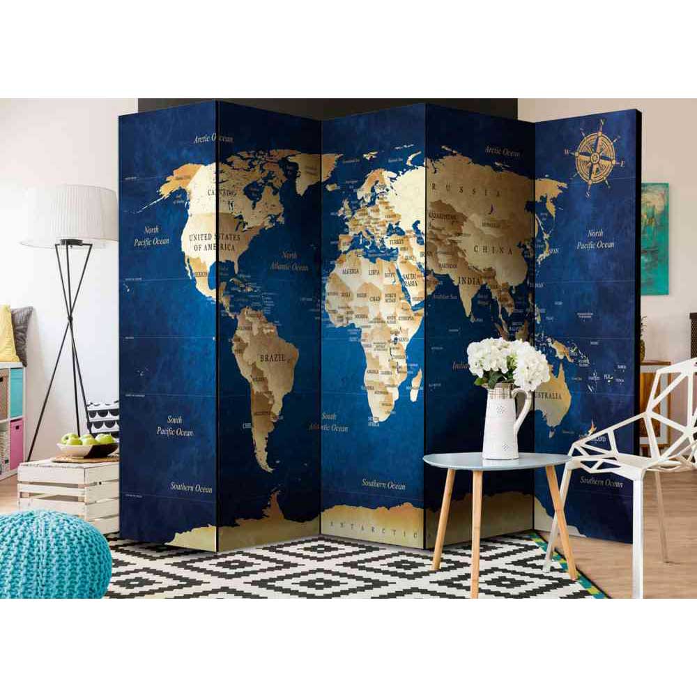4Home Spanische Trennwand mit Weltkarte und Kompass Beige und Blau