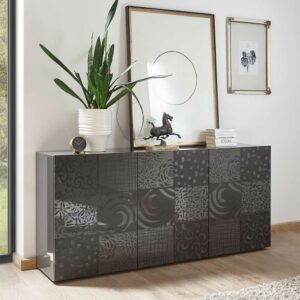 Homedreams Modernes Sideboard in Anthrazit Hochglanz floralem Siebdruck verziert