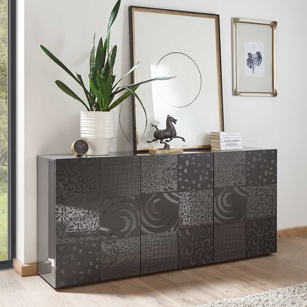 Homedreams Modernes Sideboard in Anthrazit Hochglanz floralem Siebdruck verziert