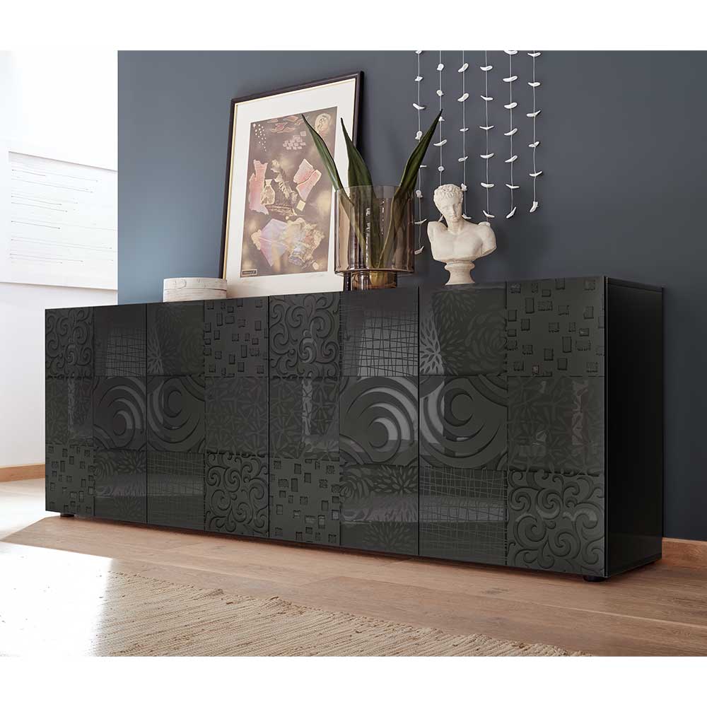 Homedreams Design Sideboard in Hochglanz Anthrazit Siebdruck verziert