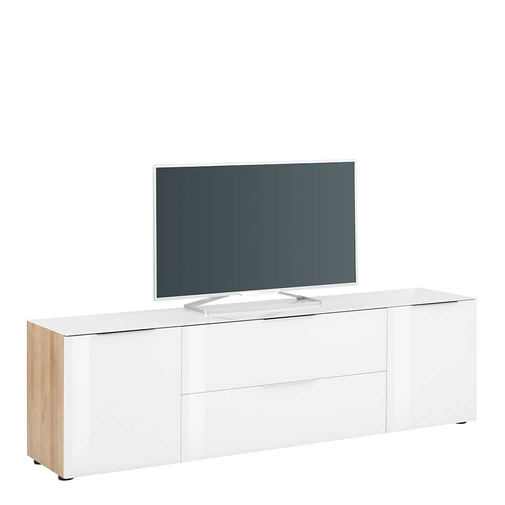 Müllermöbel TV Sideboard in Weiß und Eiche Optik Glas beschichtet