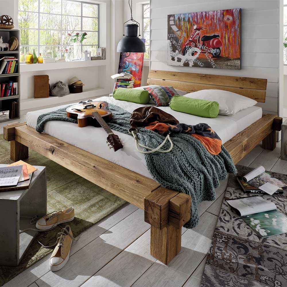 Möbel4Life Design Balkenbett aus Wildeiche Massivholz geölt