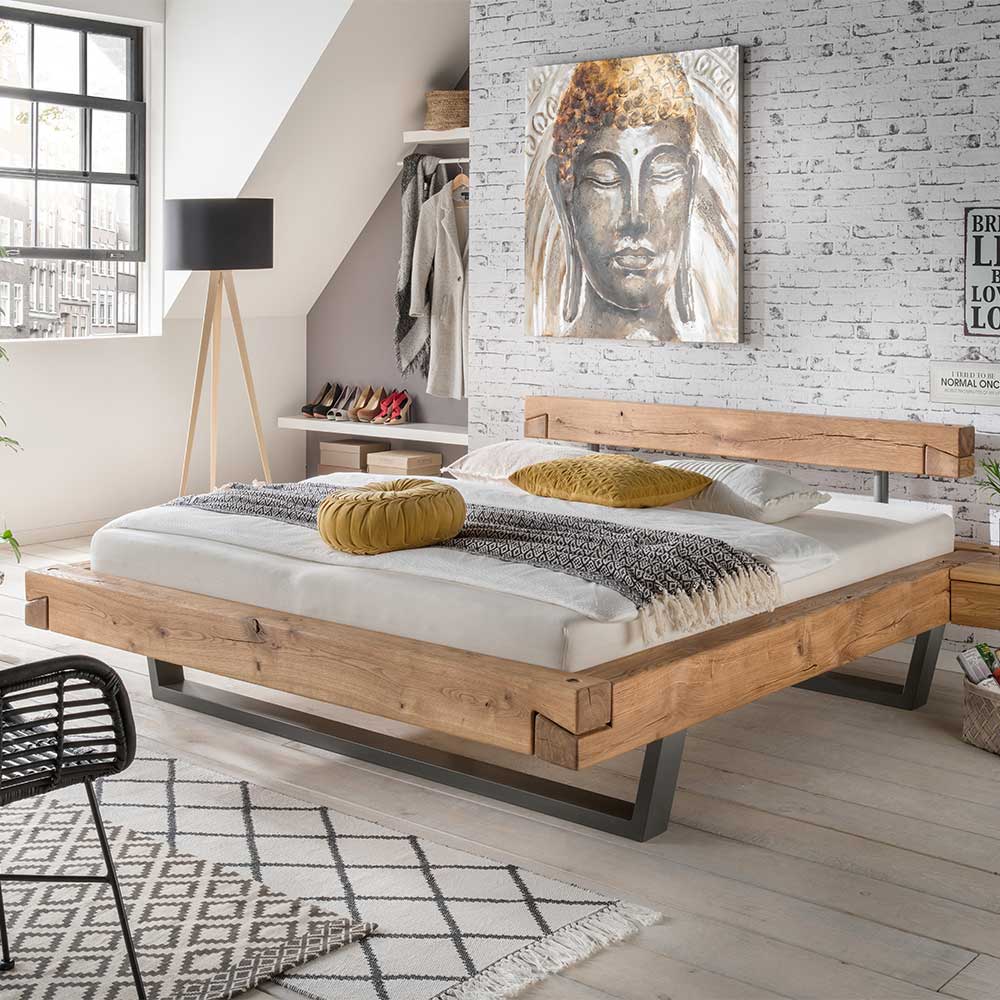 Möbel4Life Schwebendes Balkenbett aus Wildeiche Massivholz modern
