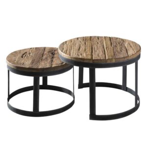 Möbel Exclusive Zweisatz Tisch runde Tischform aus Teak Altholz und Metall (zweiteilig)