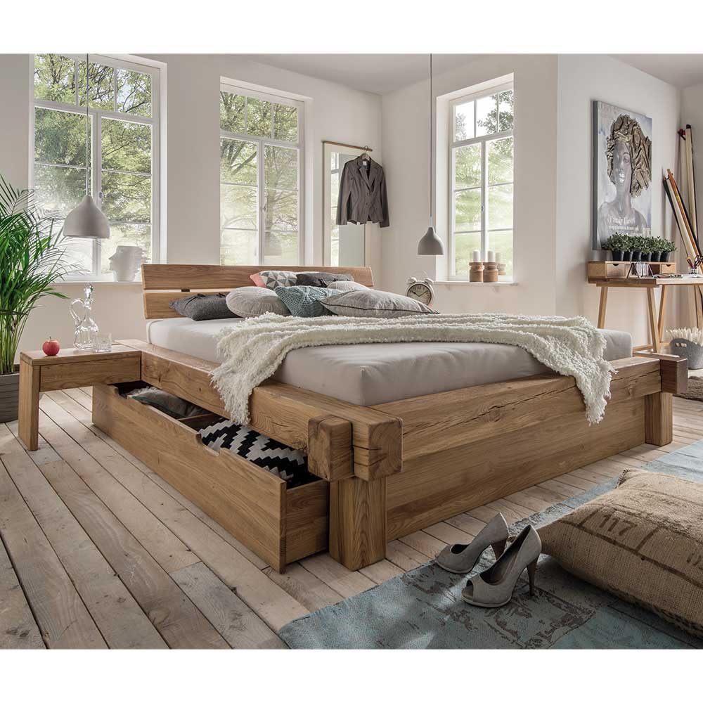 Möbel4Life Doppelbett aus Wildeiche Massivholz Schublade (dreiteilig)