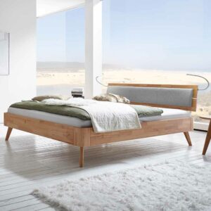 TopDesign Bett aus Kernbuche Massivholz Polsterkopfteil Grau