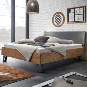 TopDesign Bett mit Polsterkopfteil in Grau Wildeiche Massivholz