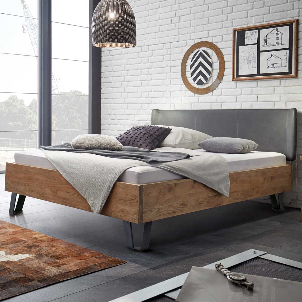 TopDesign Bett mit Polsterkopfteil in Grau Wildeiche Massivholz