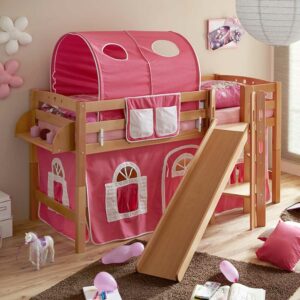Massivio Kinderzimmer Rutschbett aus Buche Massivholz Rutsche und Vorhang in Pink