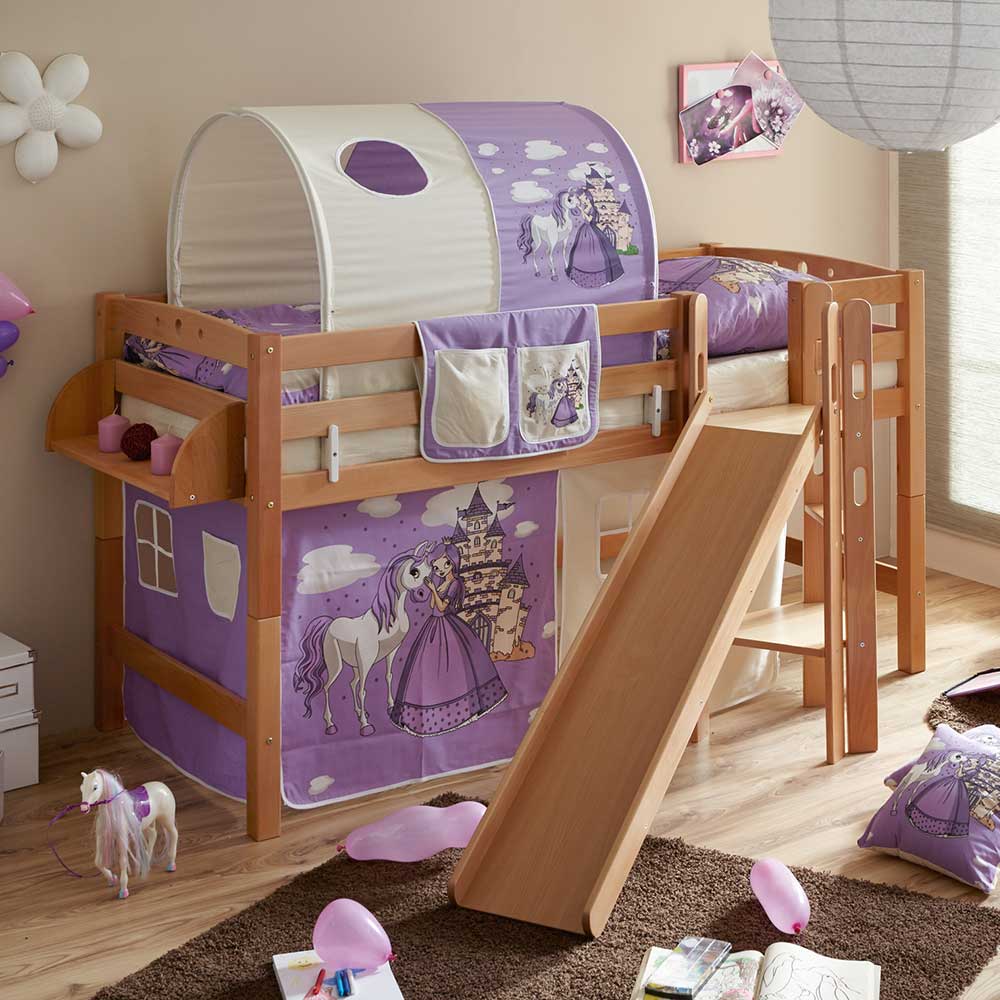 Massivio Massivholz Kinderbett im Prinzessin Design Rutsche und Vorhang in Lila