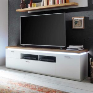 TopDesign TV Lowboard in Weiß und Wildeiche Optik LED Beleuchtung