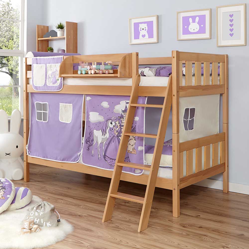 Massivio Kinderetagenbett mit Vorhang im Prinzessin Design Hängeregal