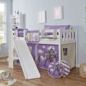 Massivio Kinder Halbhochbett mit Rutsche und Vorhang Prinzessin Design