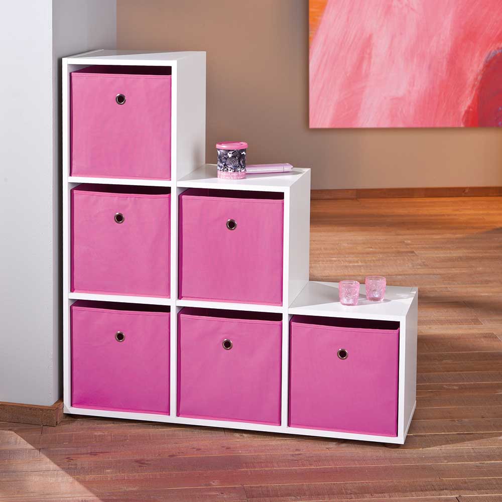 TopDesign Treppenregal in Weiß pinken Stoffboxen