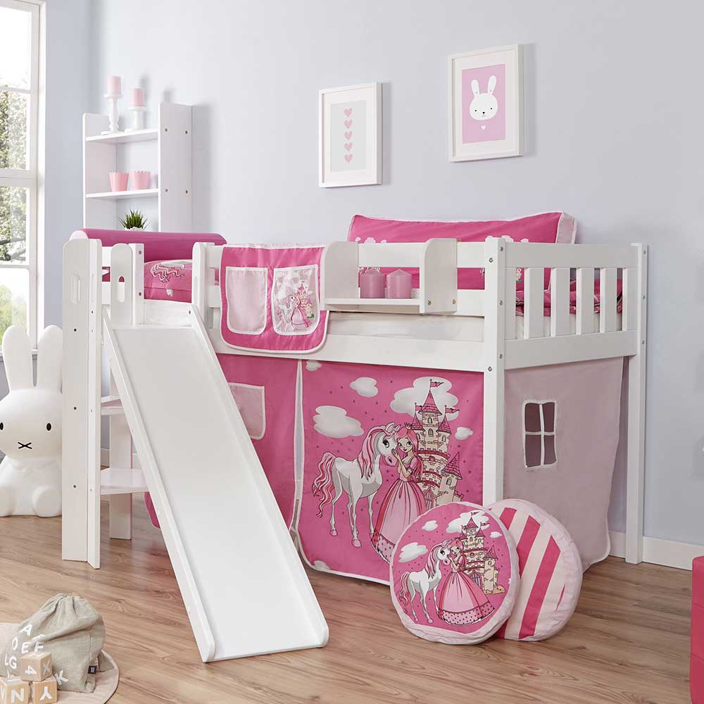 Massivio Kinder Halbhochbett mit Vorhang und Rutsche Prinzessin Design