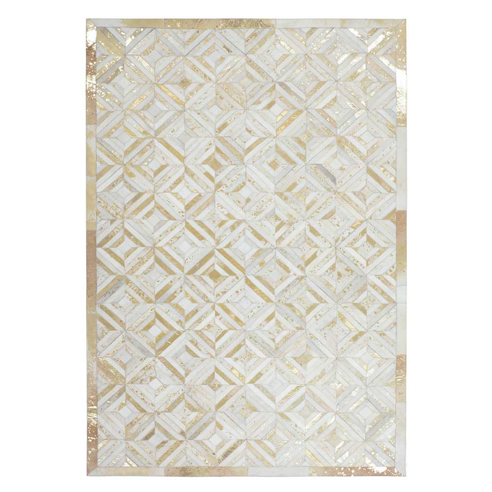 Doncosmo Echtfell Teppich in Creme Weiß und Goldfarben Patchwork Design