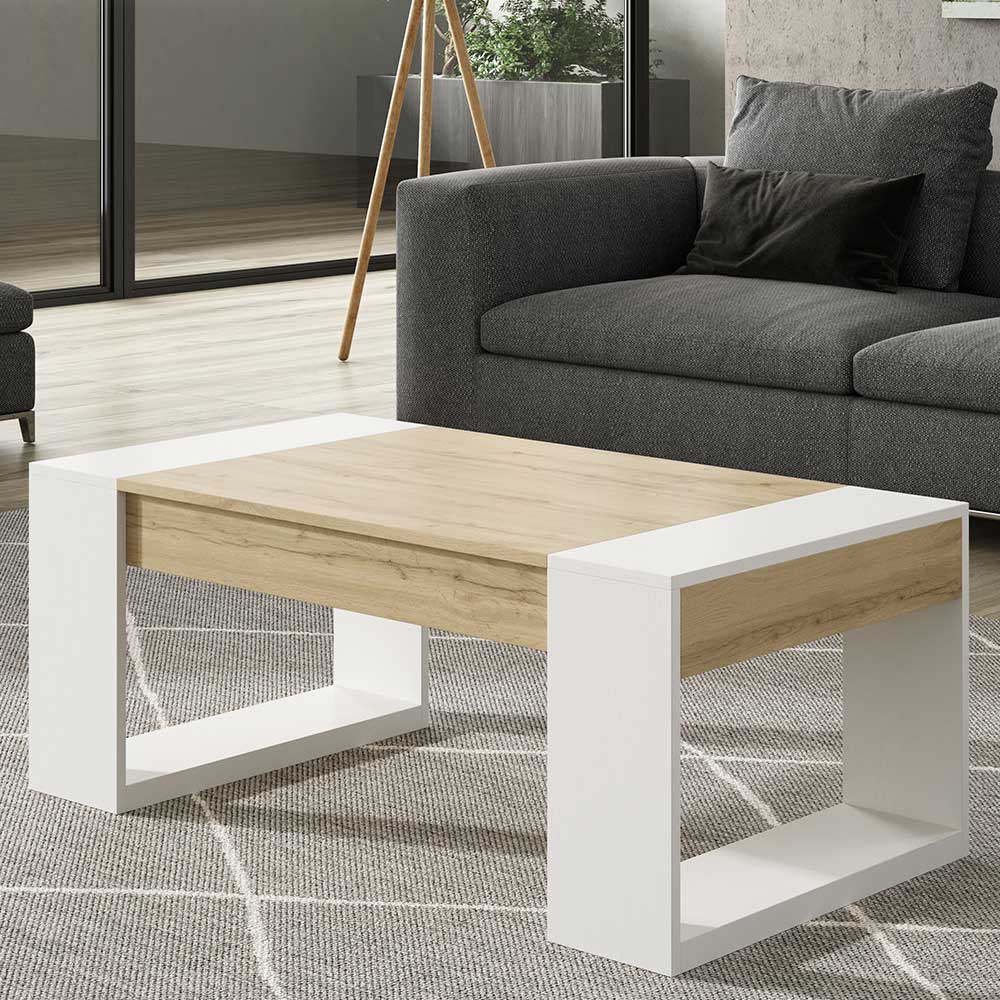 Furnitara Sofa Tisch in Weiß und Wildeiche Optik hochklappbarer Tischplatte