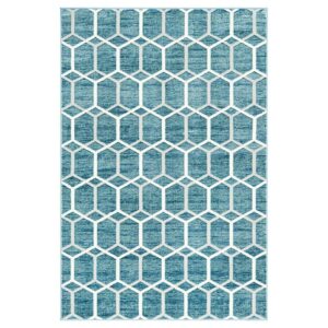 Doncosmo Rechteckiger Teppich Blau mit geometrischem Muster Cremefarben