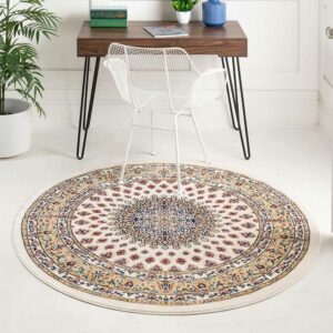 Doncosmo Runder Teppich hell im orientalischen Stil Kurzflor