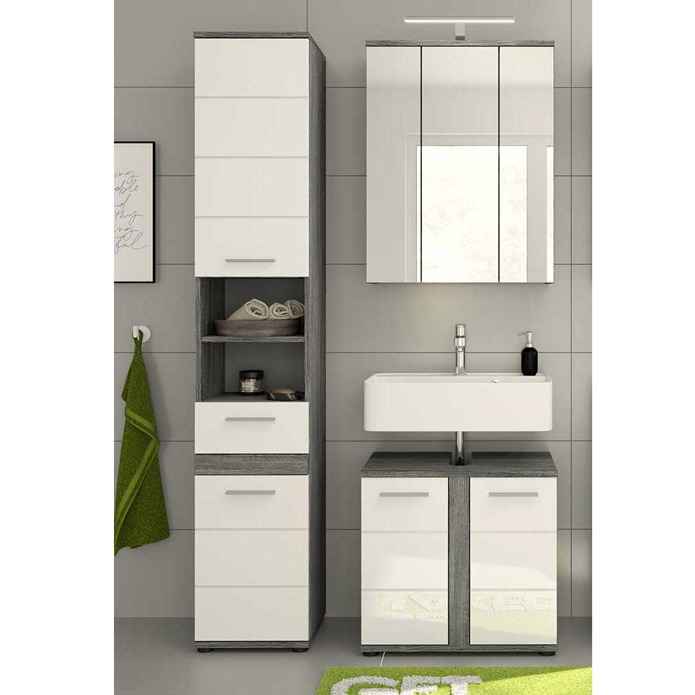 Möbel4Life Gäste WC Möbel mit Spiegelschrank Weiß und Grau (dreiteilig)