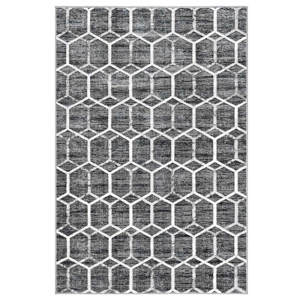 Doncosmo Rechteckiger Teppich Grau mit geometrischem Muster Cremefarben