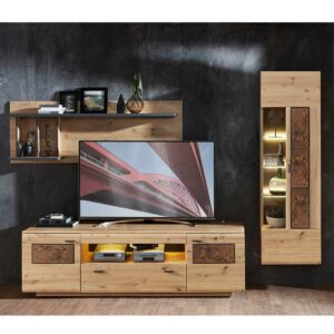 BestLivingHome Wohnwand in Wildeiche Hirnholz Optik Dunkelgrau (dreiteilig)