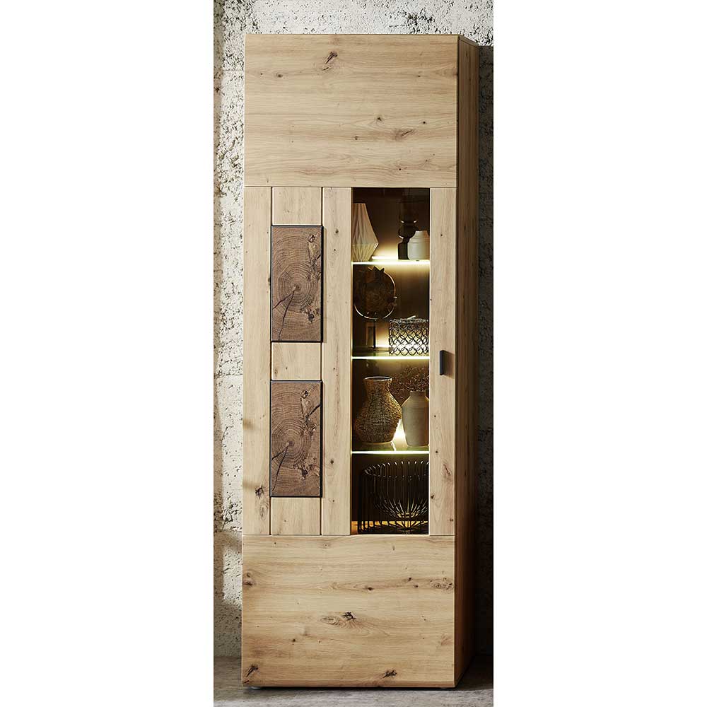 BestLivingHome Schrank Vitrine in Wildeiche Hirnholz Optik 65 cm breit