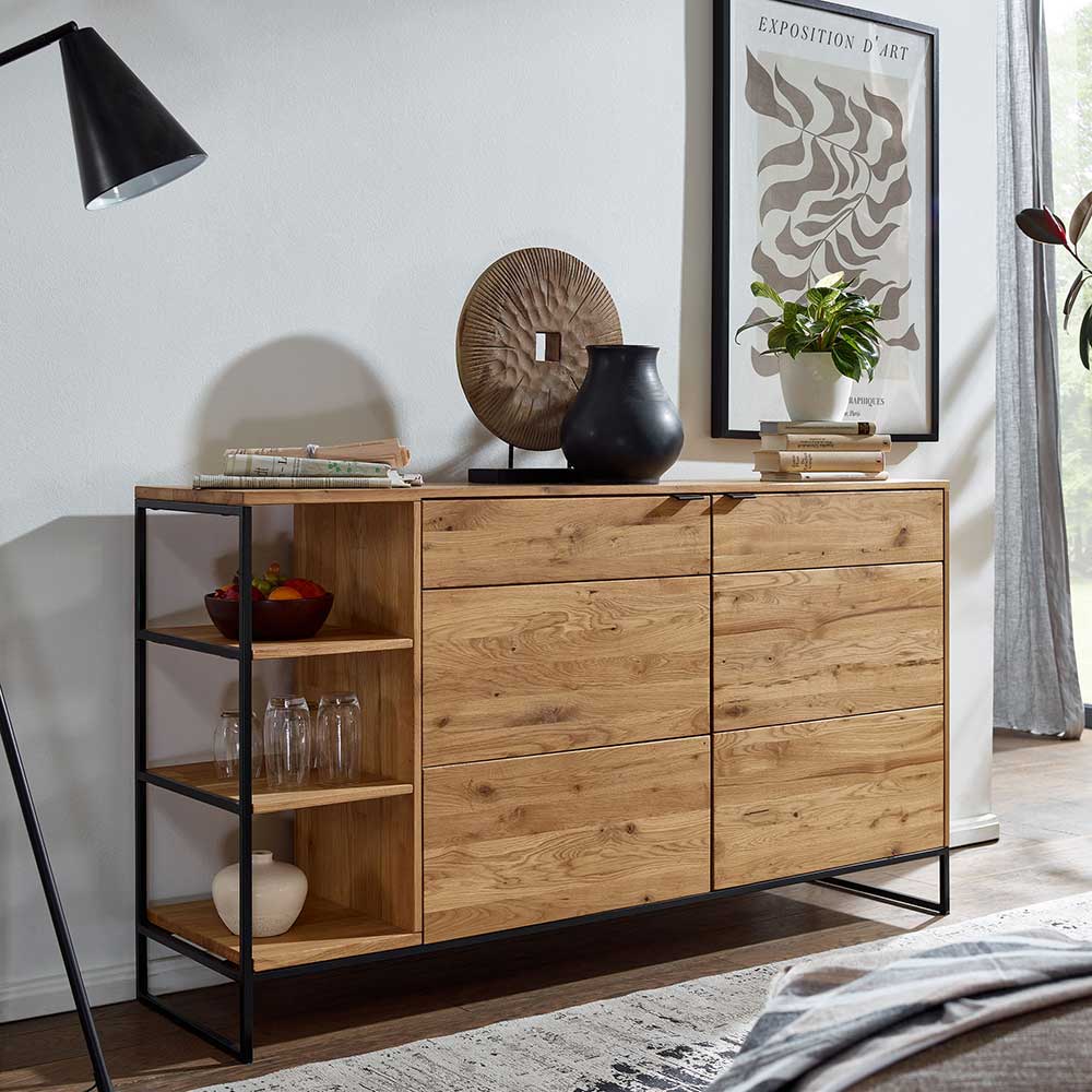 Basilicana Hohes Sideboard aus Wildeiche Massivholz & Metall Bügelgestell