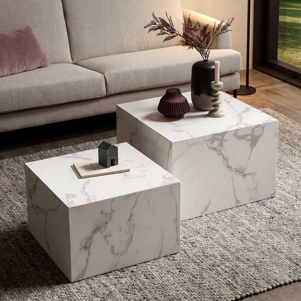 Rodario Beistelltische Sofa in weißer Marmor Optik quadratischer Tischplatte (zweiteilig)