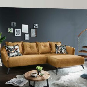 Brandolf L Sofa mit Kissen in Ockergelb und Schwarz Microvelours und Metall