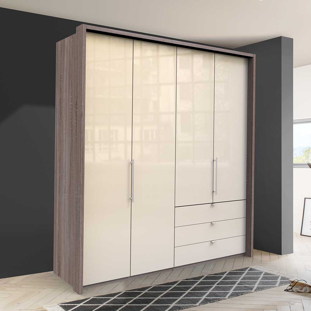 Franco Möbel Kombi Kleiderschrank in Creme Eiche Trüffelfarben Front glasbeschichtet