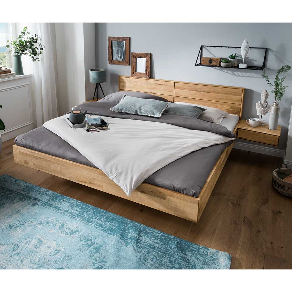Life Meubles Großes Bett mit Nachtkommoden aus Wildeiche Massivholz geölt modern (dreiteilig)