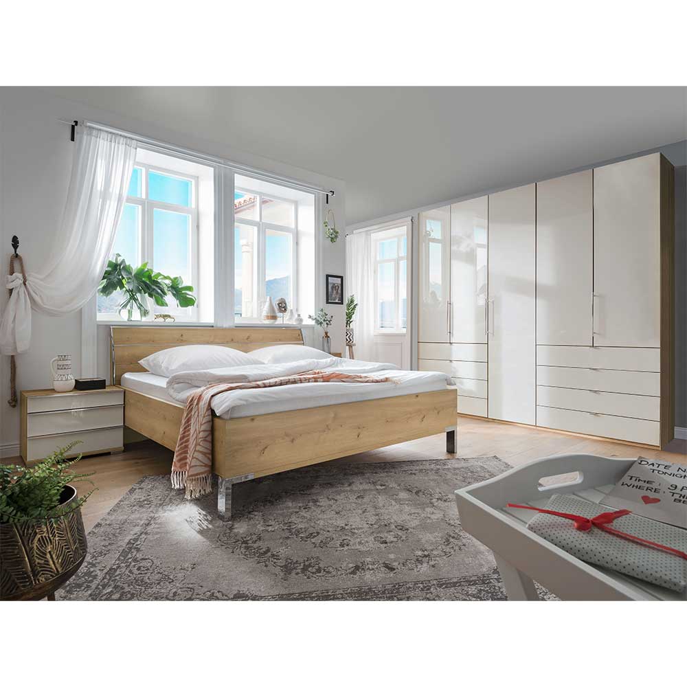 Franco Möbel Schlafzimmer Set in Beige und Eiche Bianco glasbeschichtet (vierteilig)