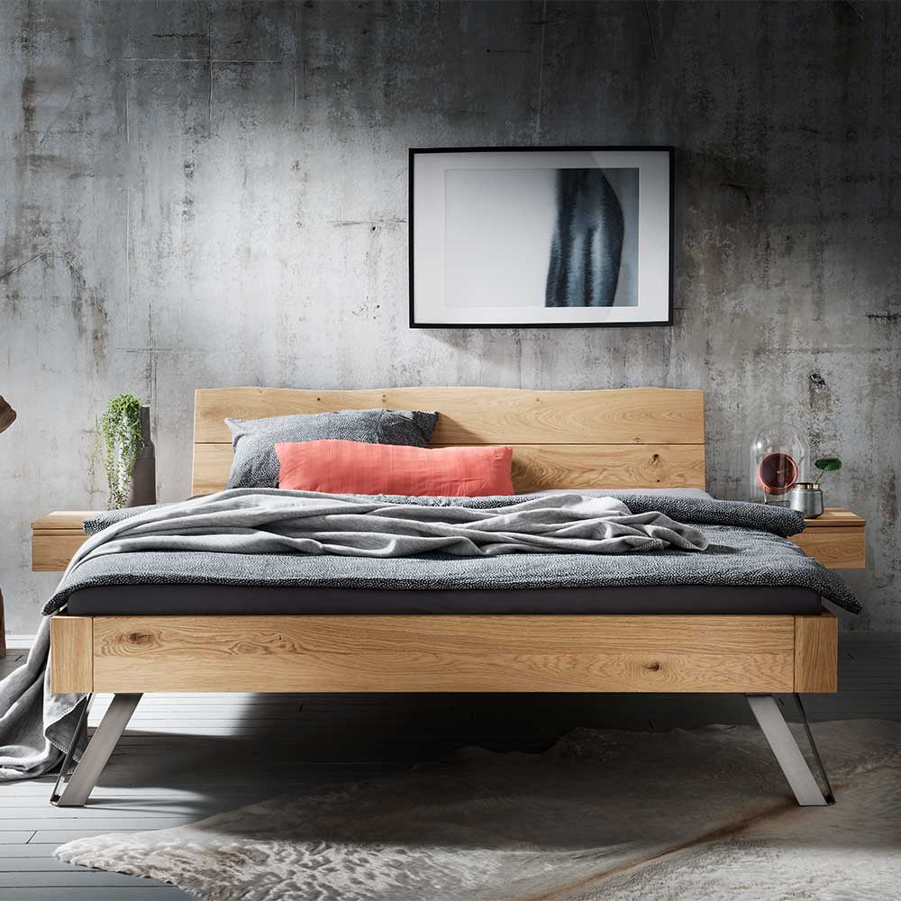 Life Meubles Industrial Bett aus Wildeiche Massivholz & Metall zwei Nachtkonsolen (dreiteilig)