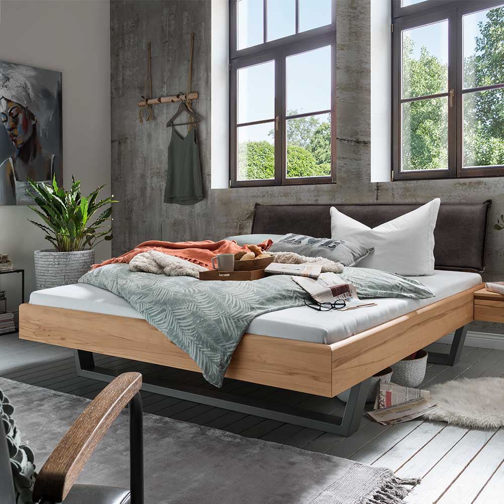 Life Meubles Doppel Bett aus Kernbuche Massivholz und Metall Polster Kopfteil