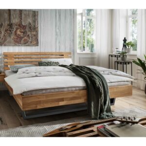 Life Meubles Massivholz Bett aus Wildeiche geölt Metallkufen in Anthrazit