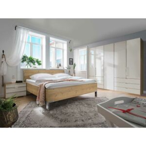 Franco Möbel Schlafzimmer Set in Eiche Bianco und Beige glasbeschichtet modern (vierteilig)
