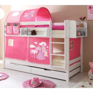 Massivio Kinderhochbett aus Kiefer Massivholz in Weiß Webstoff in Rosa und Pink
