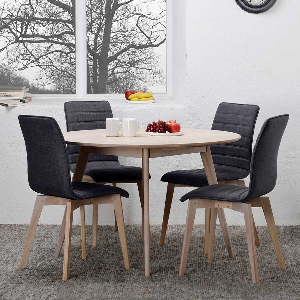 TopDesign Retro Essgruppe mit rundem Tisch in Eiche White Wash Stühlen in Anthrazit (fünfteilig)