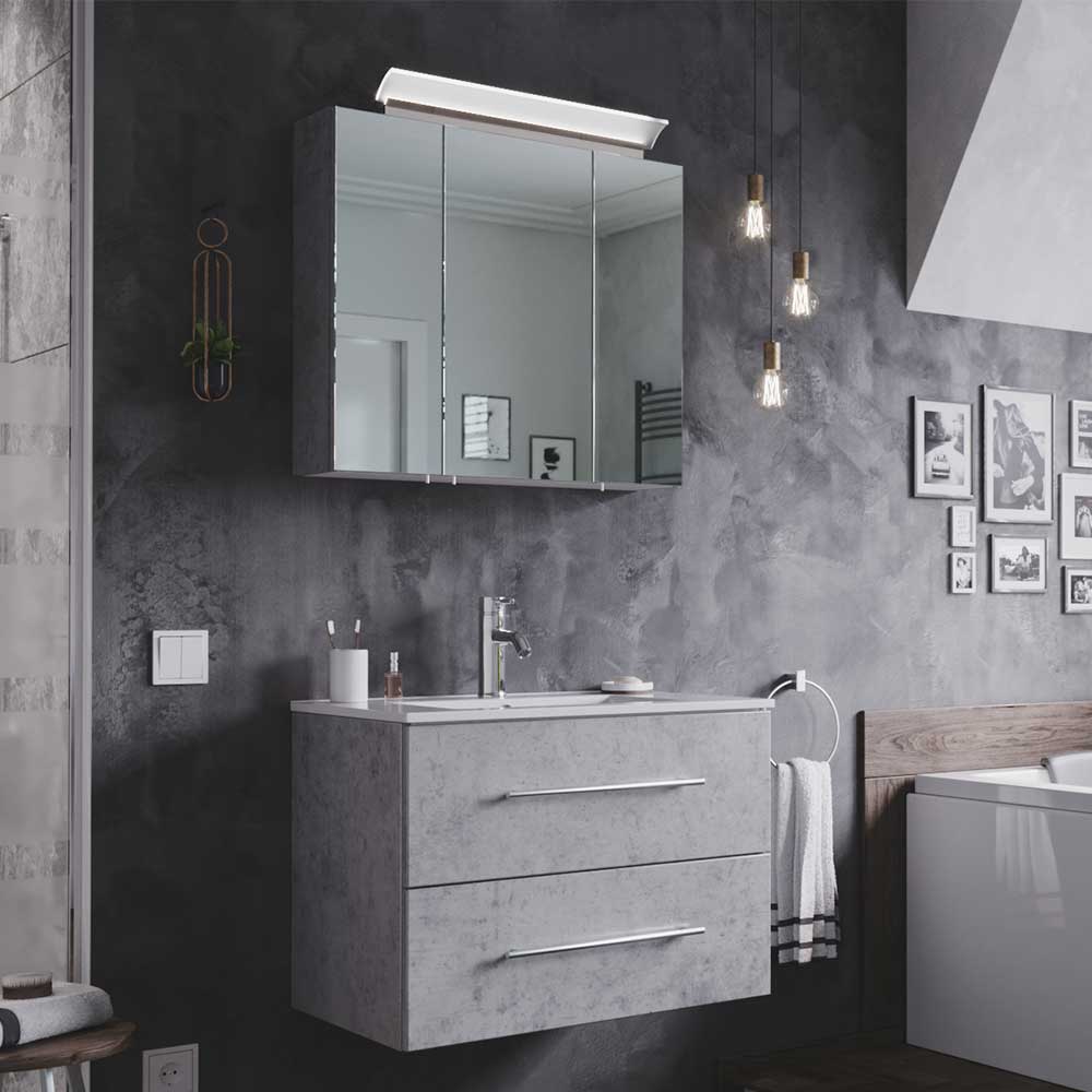 Möbel4Life Waschtisch und Spiegelschrank in Beton Grau LED Beleuchtung (zweiteilig)