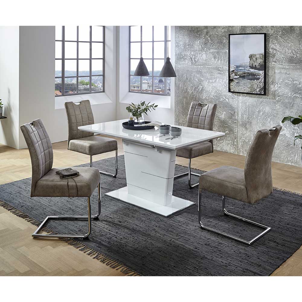 4Home Esszimmersitzgruppe in Hochglanz Weiß und Beige ausziehbarem Tisch (fünfteilig)