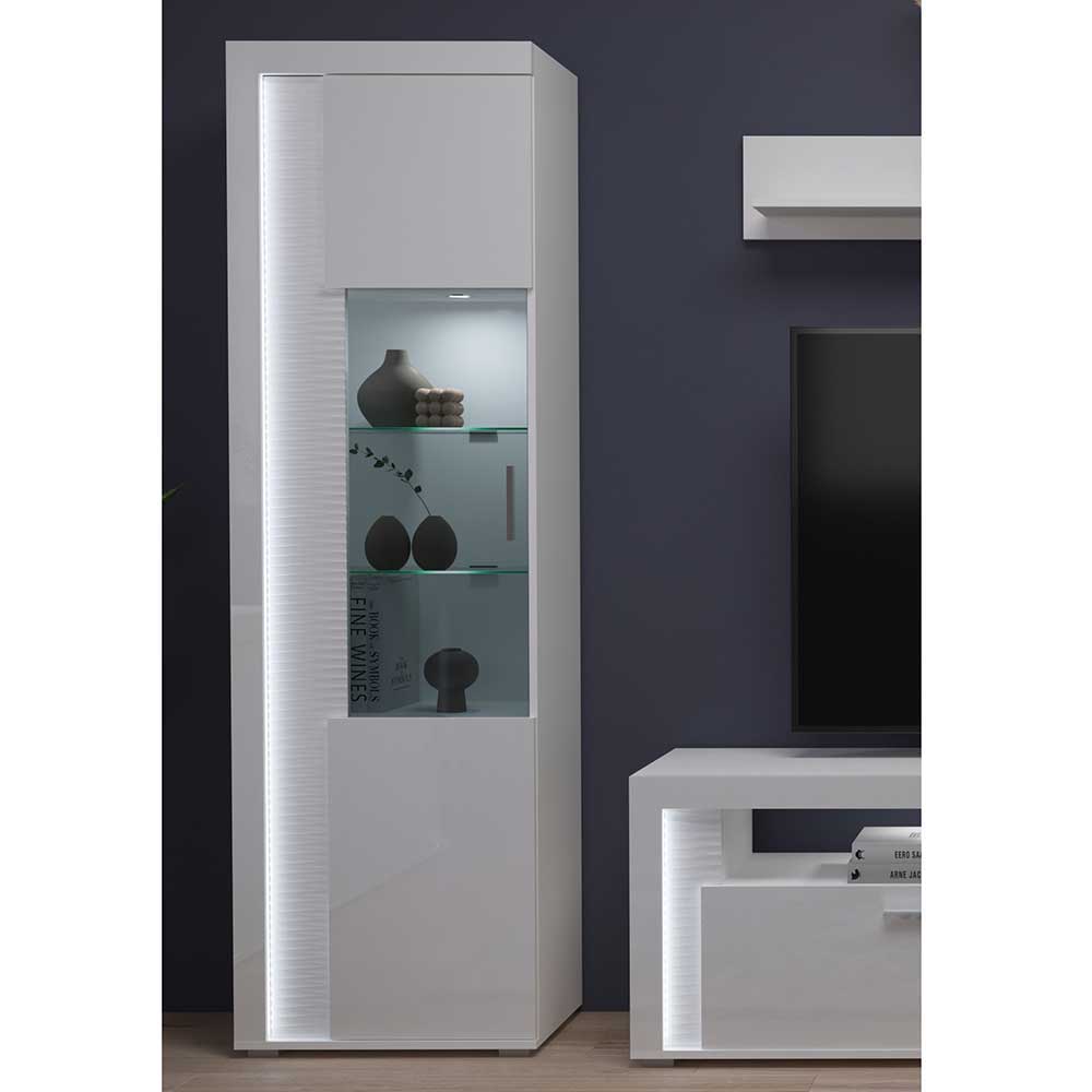 Möbel4Life Wohnzimmerschrank mit Glastür in Weiß Hochglanz LED Beleuchtung